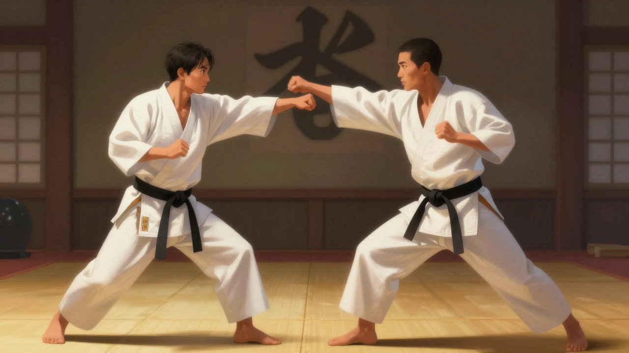 Two practitioners in a quiet training room, one fluidly redirecting a punch with minimal motion, soft lighting.