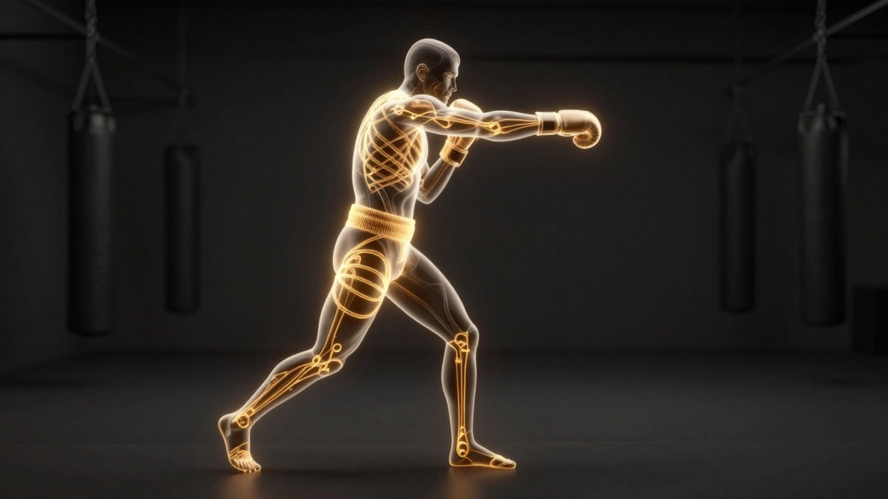 Анатомическая схема передачи энергии от ног к кулаку при ударе