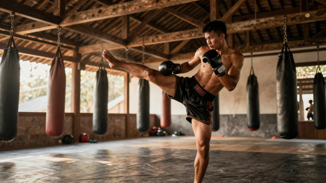 Боец муай-тай наносит мощный удар коленом в клинче в тренировочном зале