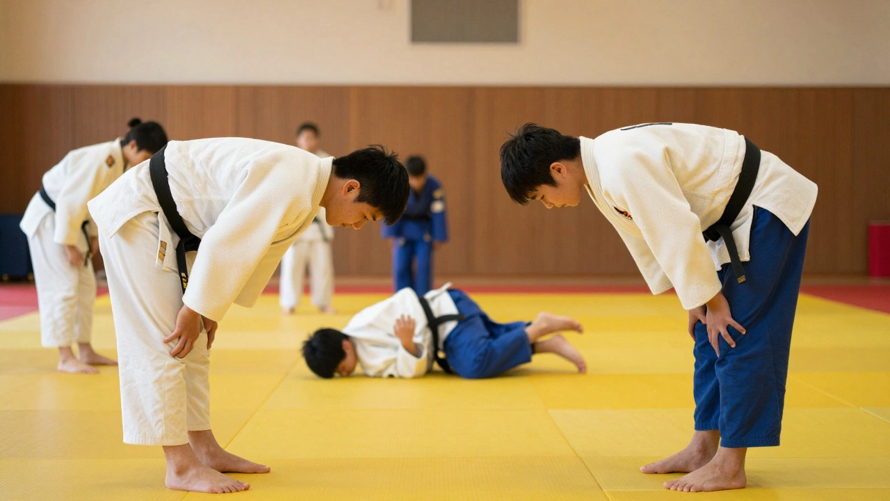 Дзюдоисты кланяются друг другу в знак уважения после тренировки в додзё