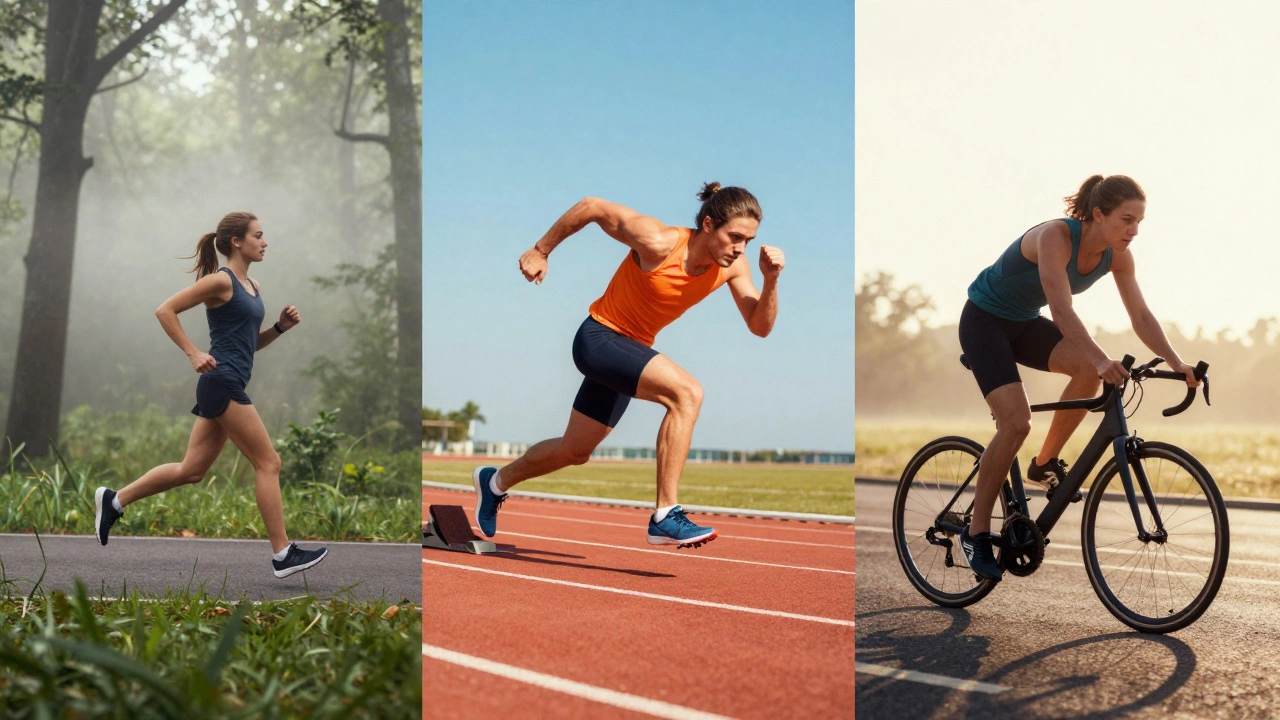 Коллаж из трех типов тренировок: легкий бег, интенсивный спринт и темповая езда на велосипеде