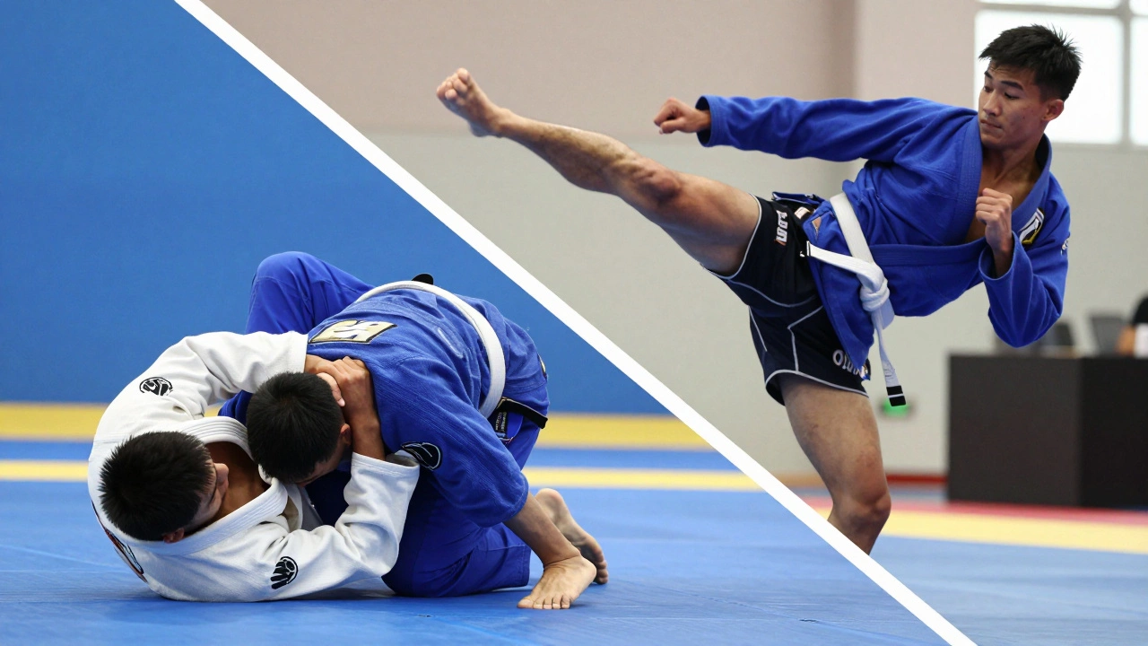 Коллаж: удар ногой в тайском боксе и борьба БЖЖ на татами