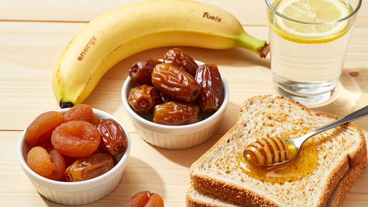 Набор продуктов для энергии: банан, финики, тост с медом и вода с лимоном