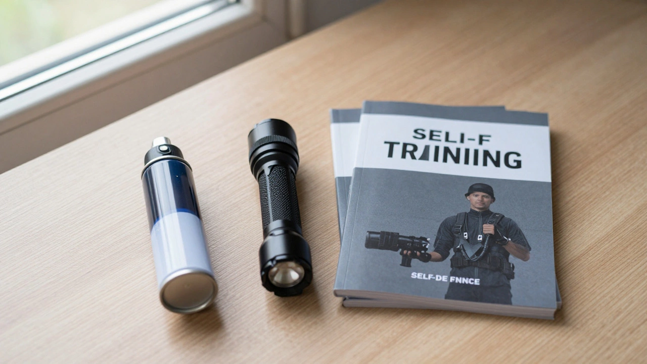 Набор средств самообороны: перцовый баллончик и фонарик на столе