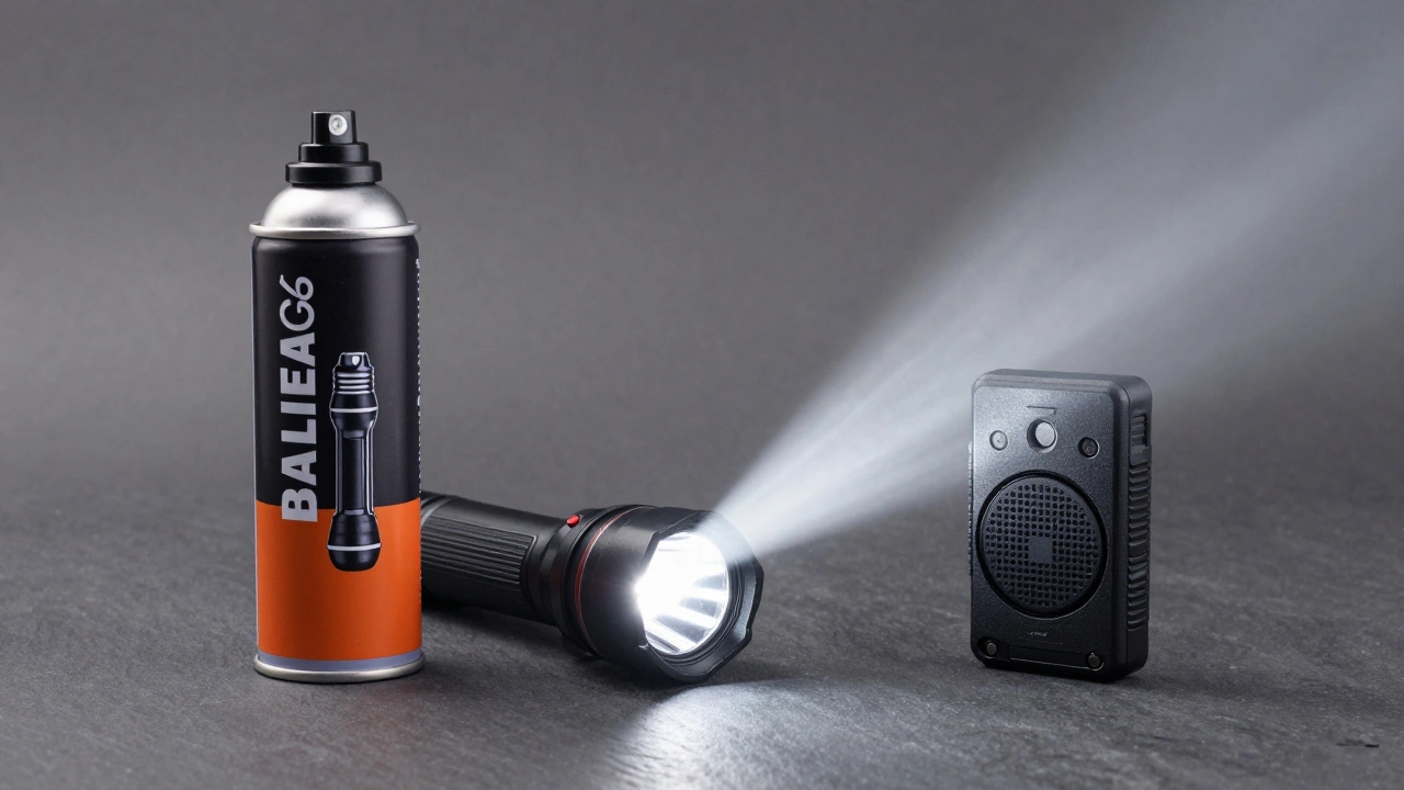 Набор средств самообороны: перцовый баллончик, тактический фонарь и сирена.
