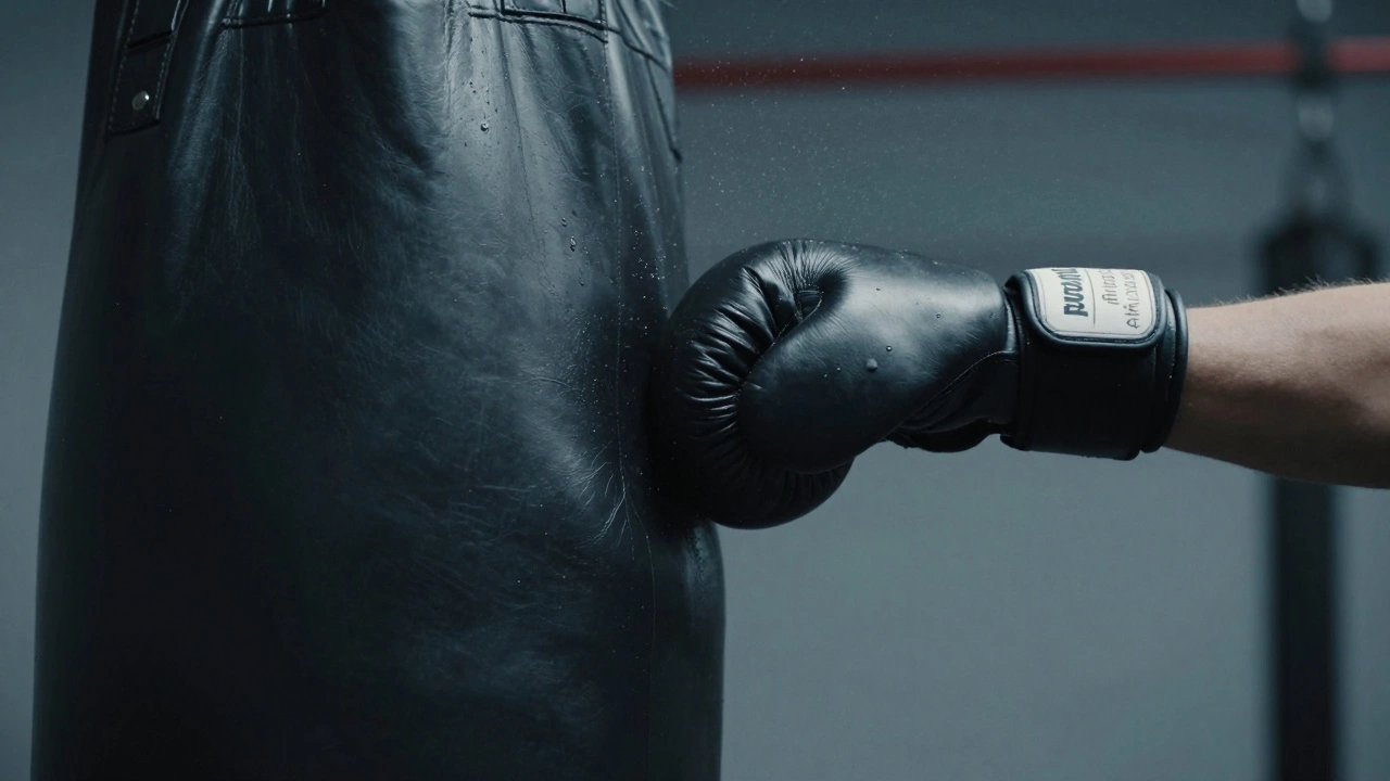 Перчатка боксера в момент сильного удара по тяжелому мешку