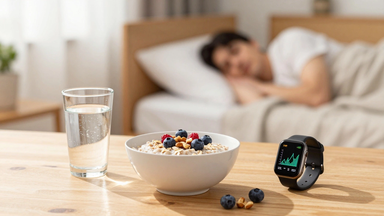 Полезный завтрак из овсянки, вода с электролитами и смарт-часы на фоне зоны отдыха
