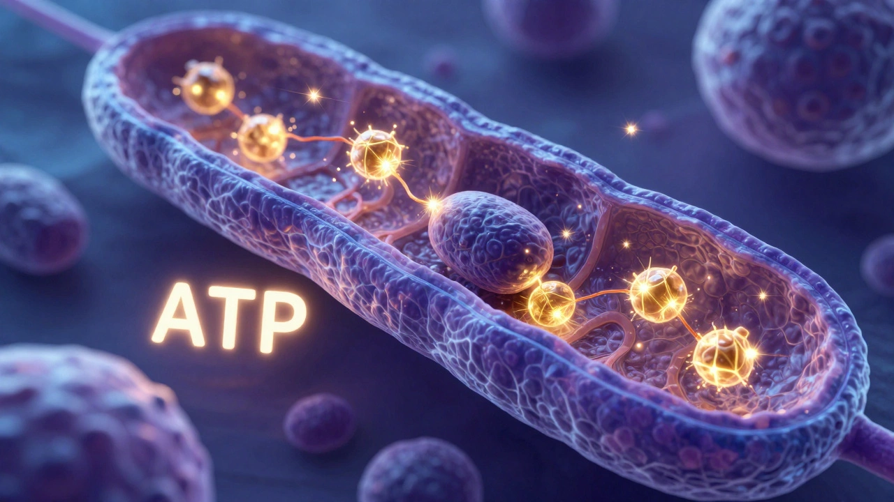 Схематичное изображение митохондрий и выработки энергии АТФ в клетке
