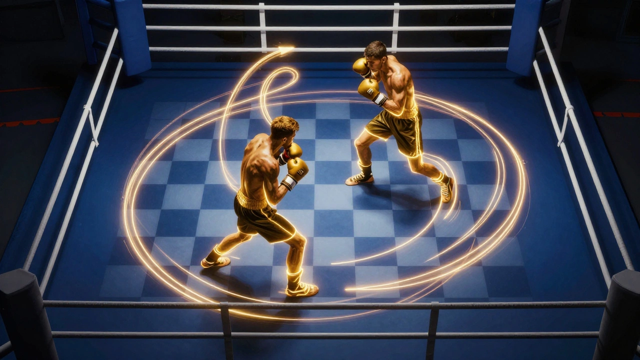 Схематичные неоновые следы перемещений боксера по рингу, демонстрирующие футворк