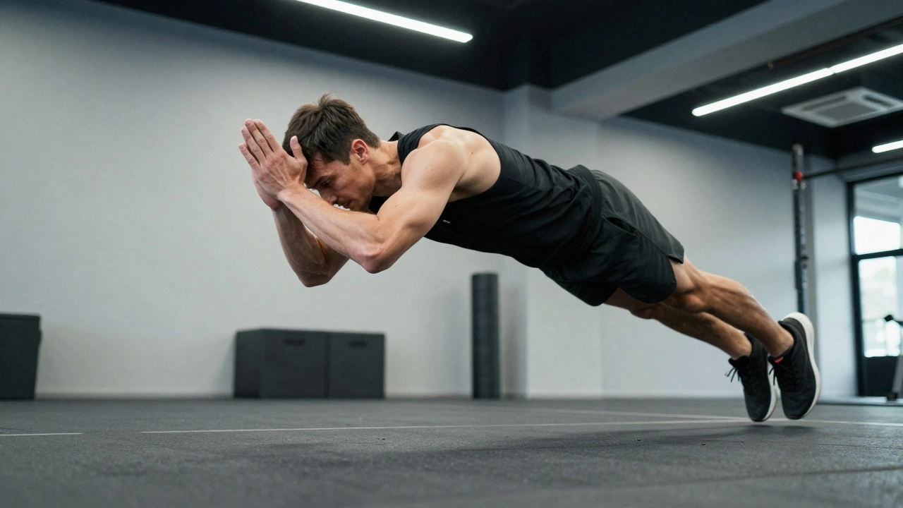 Спортсмен выполняет взрывные отжимания с хлопком в воздухе