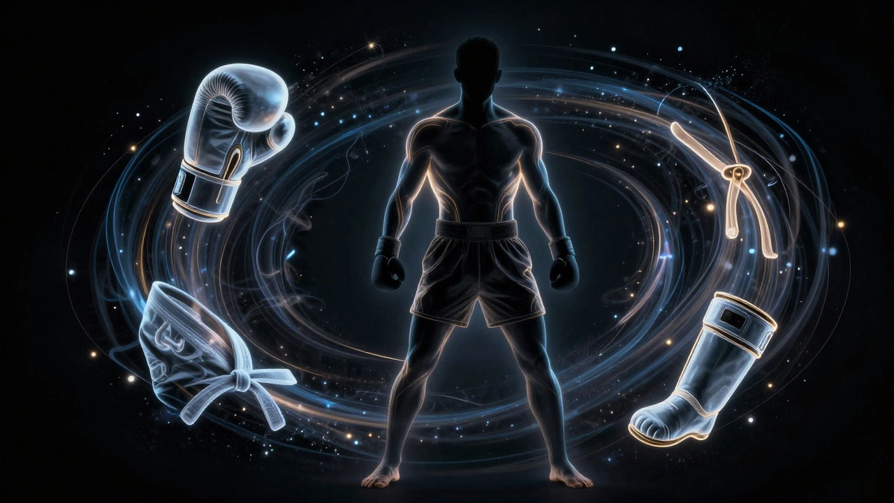 Стилизованный силуэт бойца ММА в окружении символов разных единоборств
