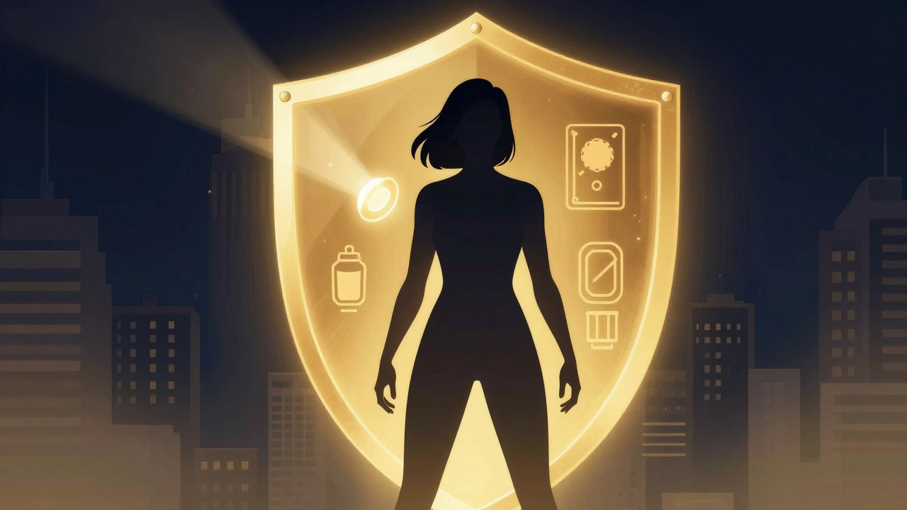 Стилизованный силуэт уверенной женщины под защитным золотистым куполом.
