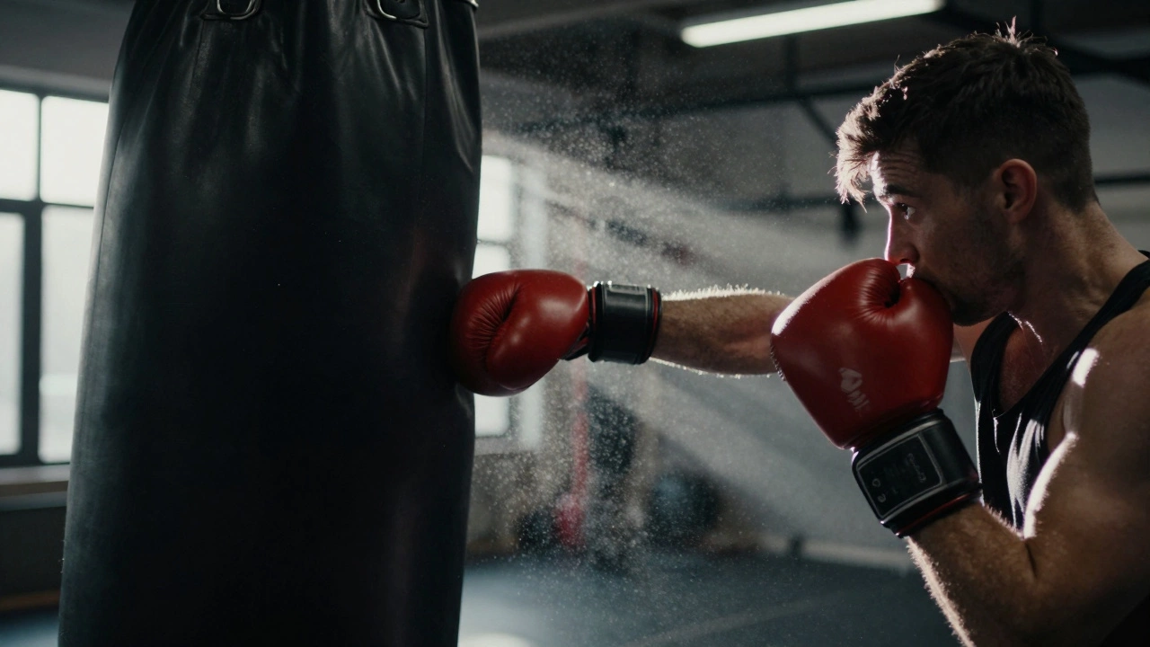 Тренировка на тяжелом мешке в атмосферном спортзале с акцентом на сильный удар