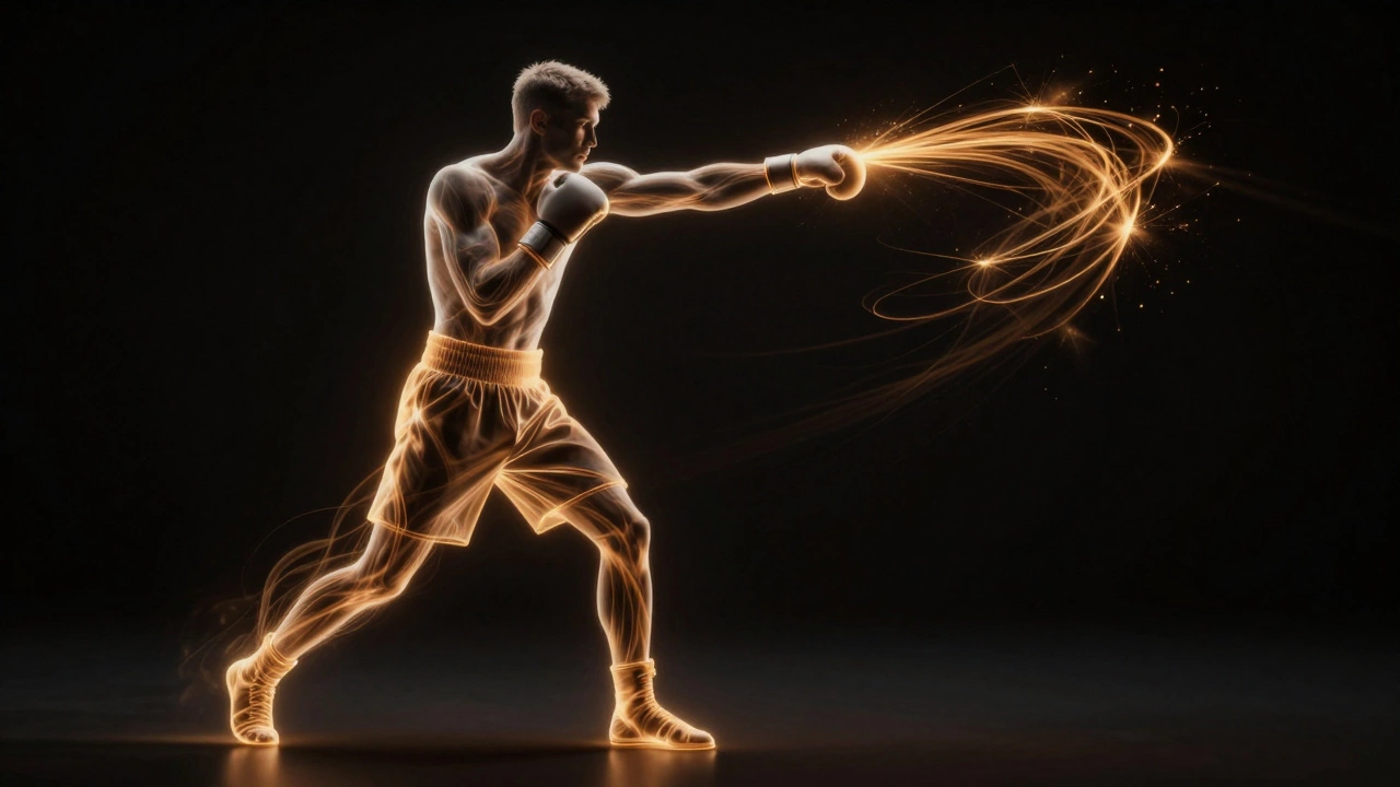 Визуализация кинетической цепи и передачи энергии при ударе боксера