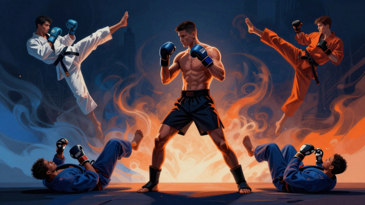 Artistic depiction of an MMA fighter surrounded by martial arts elements