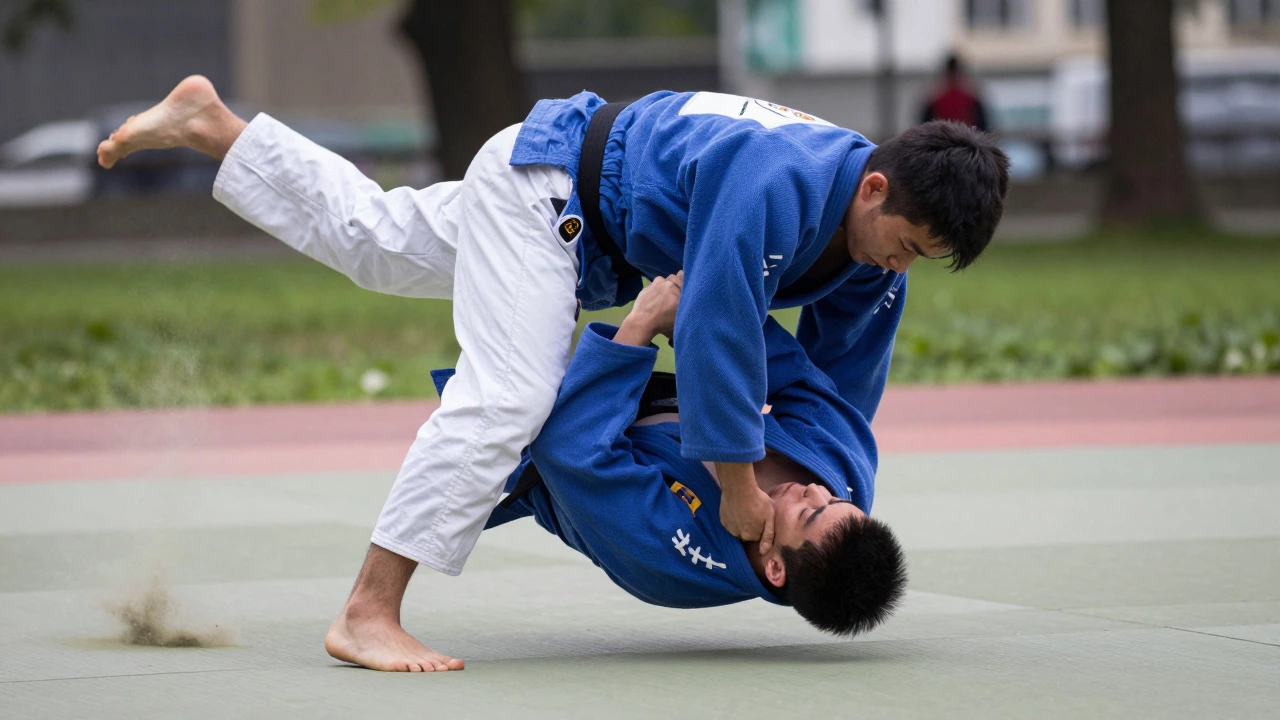 Judo practitioner executing a hip throw on an opponent outdoors